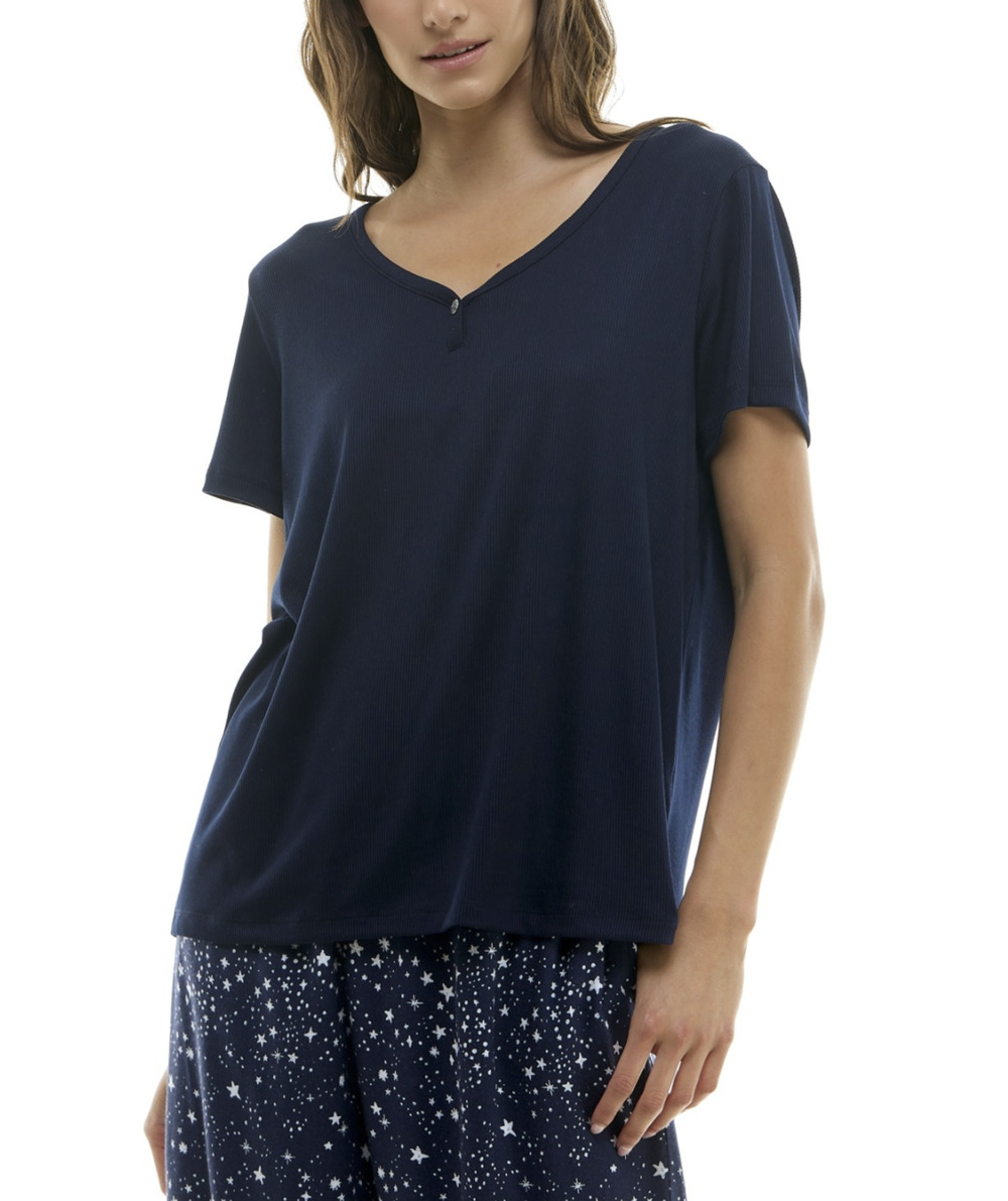 Roudelain Women Short Sleeve Ribbed Henley Sleep Top Peacoat Size L
